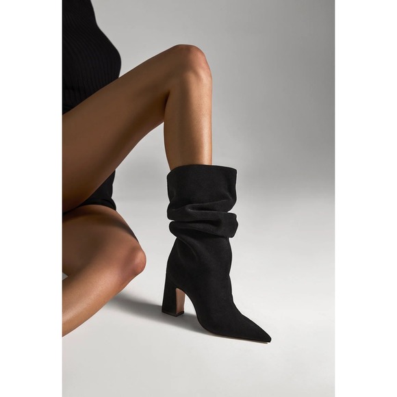 SCHUTZ Shoes - Schutz Harriet Black Suede Slouchy Pointed Toe Block Heel Boots Sz 8.5 B $260